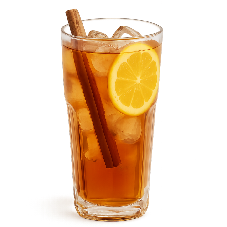 iced tea in a tall clear glass, with a cinnamon stick and a slice of lemon inside, no background