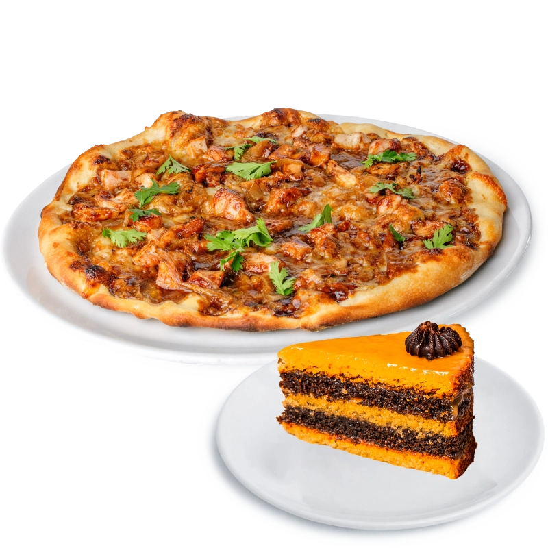 Pollo Pizza + Salted Caramel Cake Slice - Artcaffé Restaurant